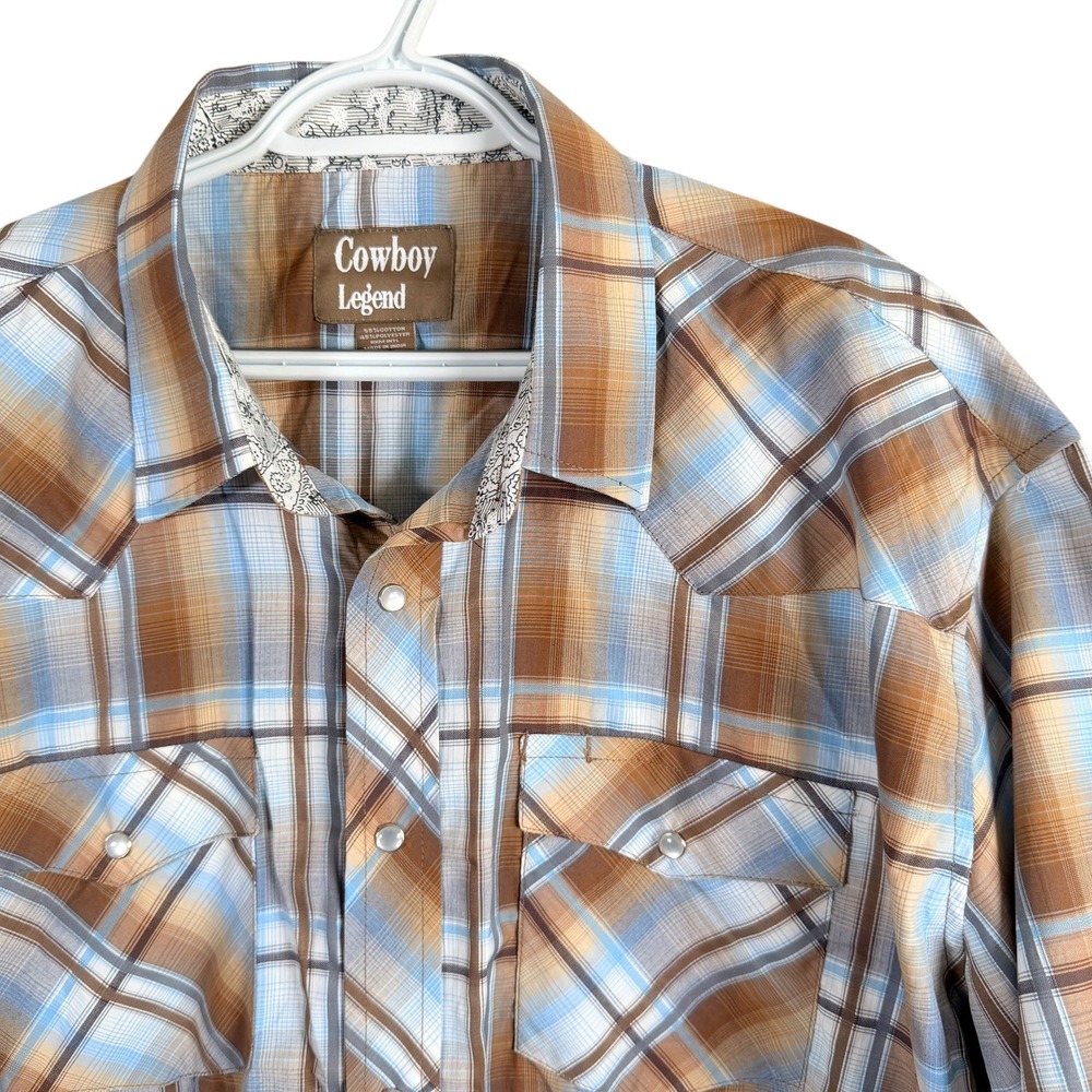Cowboy Legend Pearl Snap Western Shirt Mens 2XL Brown Blue Plaid Short Sleeve